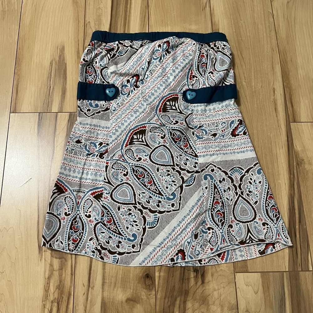 Vintage Women's Y2K Tube Top Sz XS Blue Paisley Preppy Kidcore Heart Buttons USA